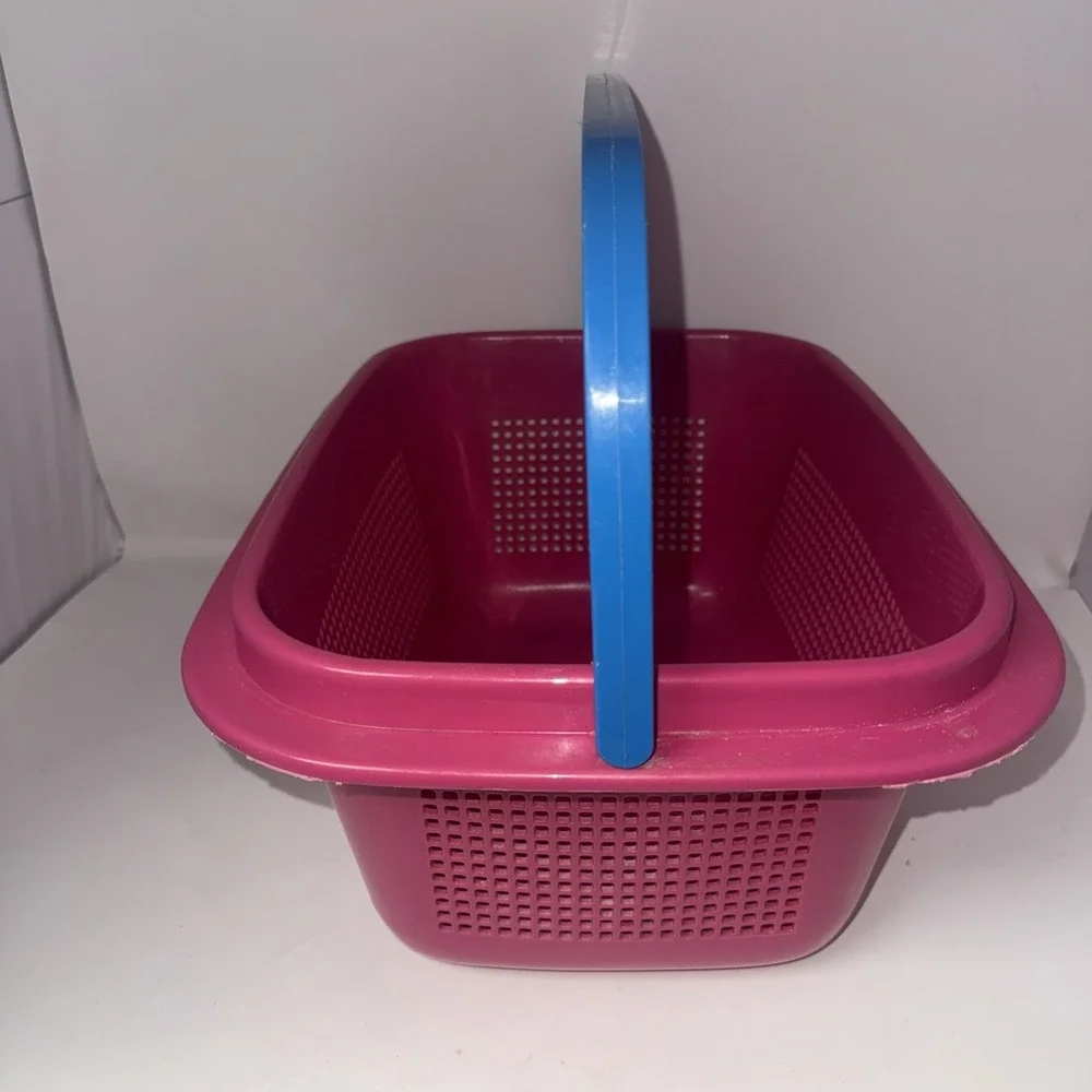 Vintage Plastic Basket Pail Bucket Hot Pink Organizer Swing Handle 90's 18x13x8